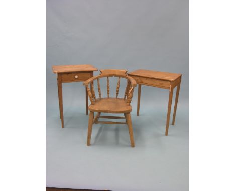 A Victorian stripped pine side table, with single drawer, 2ft., together with a similar table, single drawer with ceramic han