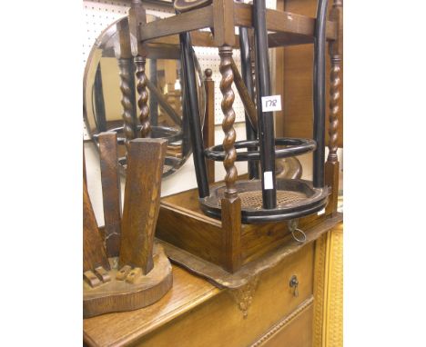 Two oak side tables, bentwood single chair and similar stool, pair of elm three-legged stools and a turned beech pedestal ash