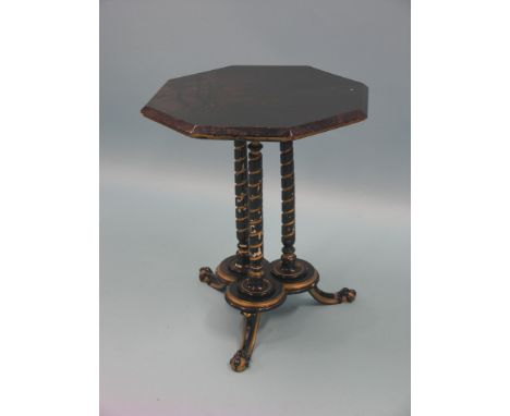 A Victorian ebonised and parcel-gilt occasional table, octagonal top on tripod stem, top 1ft. 8in. 