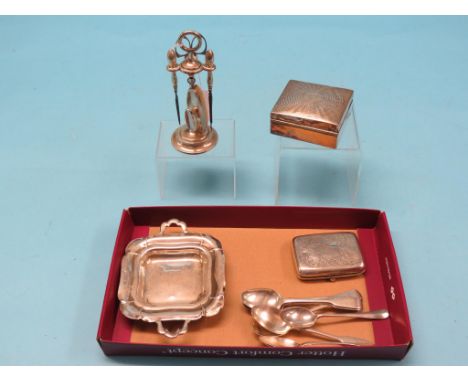 A silver manicure set, Birmingham 1932, scissors odd, together with a small silver two-handled tray, engine-turned silver box