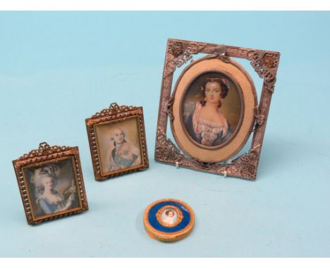 Four various portrait miniatures, one in the form of a jewelled compact, largest frame 8in.