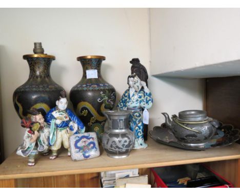 A pair of cloisonne vases, 13in. - one converted to electric, cloisonne wall plate, cloisonne cigarette case and five other i