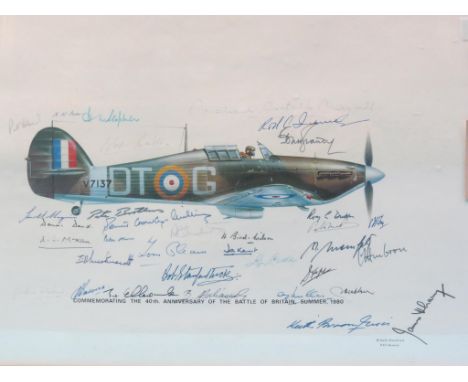 A Battle of Britain commemorative print, Spitfire surrounded by numerous autographs including Douglas Bader, 1980, framed 