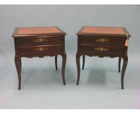 A pair of Chinese hardwood occasional tables, square-shape with inset tile tops, each with two drawers, cabriole legs, 2ft. 