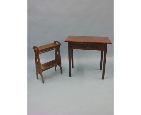 A Victorian oak side table, with single frieze drawer, 2ft. 6in. together with an Art Nouveau oak two-tiered book-trough, 1ft