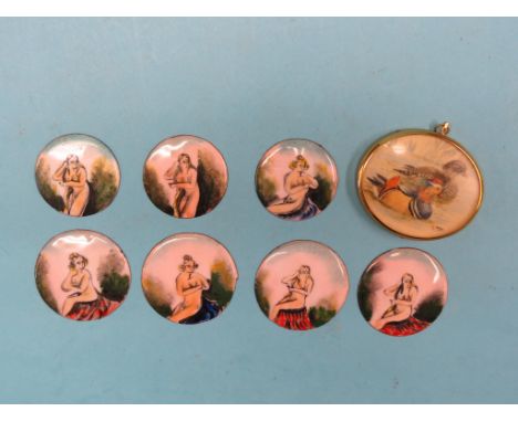 A set of seven miniatures, enamel on copper, each circular and painted with a nude female, 2in. and an oval miniature paintin