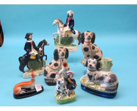 Two Staffordshire portrait figures, pair of similar dogs and three other similar items 