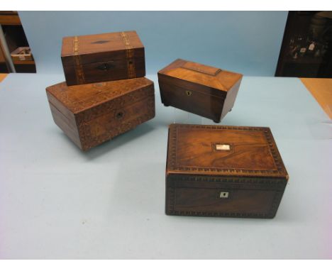 Three Victorian walnut and parquetry boxes and a Victorian sarcophagus-shape mahogany tea caddy