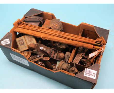 Five Stanley wood planes, other woodworking tools and cutters, six-section split-cane fishing rod, etc. 