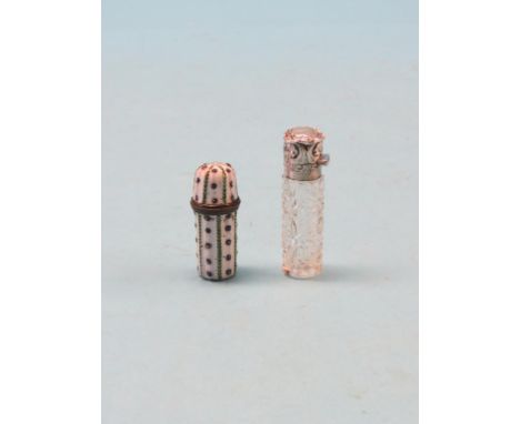 A South Staffordshire enamel scent bottle holder, 2in. and a silver-mounted glass scent bottle
