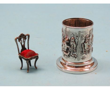 A miniature novelty silver pin cushion, in the form of an 18th century single chair, Birmingham 1901, 2in. and a continental 