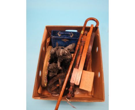 A Victorian carved oak aneroid barometer, three bronzed spelter statuettes, stationery casket, large collection of marbles an