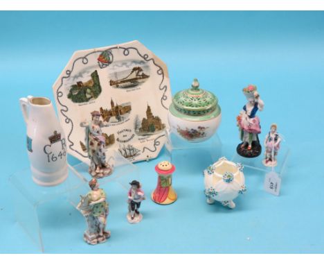 A Clarice Cliff pepper pot, chipped, Royal Worcester pot-pourri vase with cover, five German figures, Goss Black Jack model a