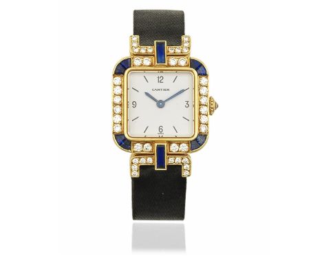 Cartier. A lady's 18K gold, diamond and sapphire set manual wind wristwatchDate: Circa 1990Movement: 22-jewel Cal.32 manual w