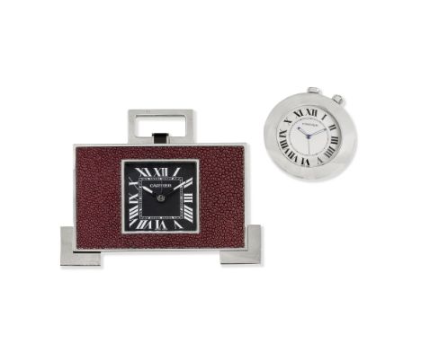 Cartier. A lot of two stainless steel desk clocksThe first with burgundy bobbled lacquer set within a rectangular polished su