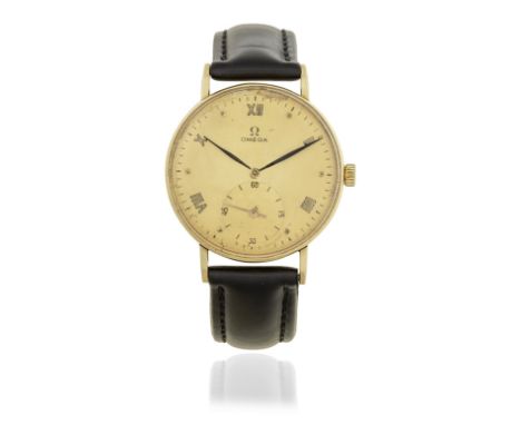 Omega. An 18K gold manual wind wristwatch with presentation inscriptionDate: Circa 1948Movement: Rose gilt 15-jewel manual wi