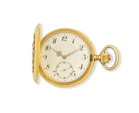 An 18K gold keyless wind full hunter pocket watch with diamond decorationDate: Circa 1900Movement: Gilt 3/4 plate Swiss lever