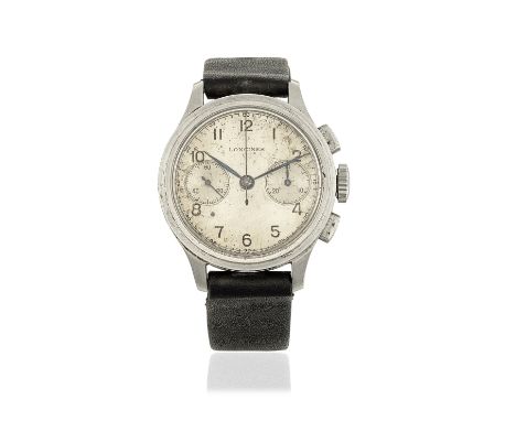 Longines. A stainless steel manual wind flyback chronograph wristwatchReference: 3504Date: Invoiced to Wirth, Switzerland, on