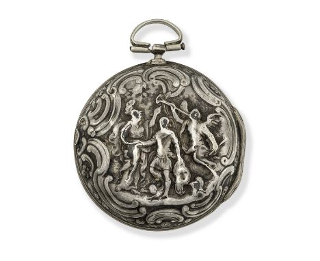 Jn Edmonds, London. A silver key wind pair case pocket watch with repoussé decorationDate: Circa 1750Movement: Gilt full plat