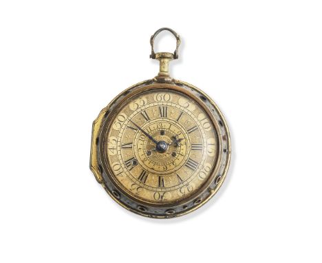 J. De Charmes, London. A gilt metal key wind open face pocket watch with repeat and alarmDate: Circa 1700Movement: Gilt full 