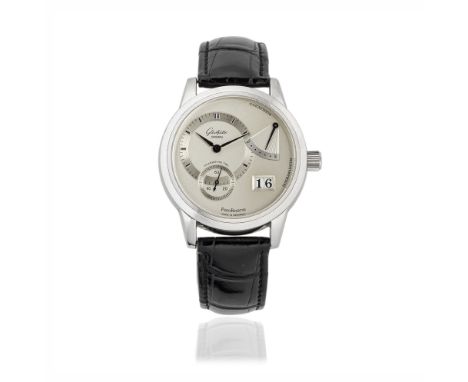 Glashütte. A stainless steel manual wind calendar wristwatch with power reserveModel: PanoReserveReference: 1-65-01-22-12-04D