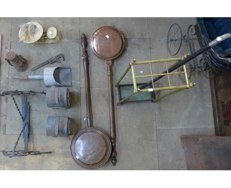 A brass stick stand, warming pans, weighing scales, etc. 