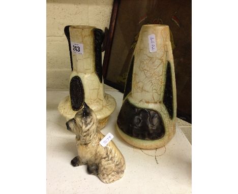 Two Belgian pottery Art Deco vases together with a Sylvac dog ornament (3447).