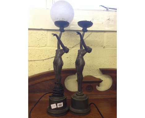 A pair of Art Deco style semi nude female table lamp bases (minor faults to both).