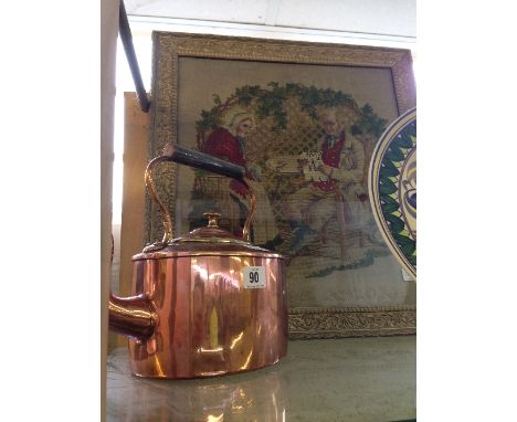 A copper kettle together with a 19th century embroidered panel: News From Abroad depicting an elderly lady and gent reading a