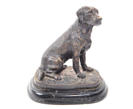 A Victorian 19th century lost wax bronze dog sculpture of labrador dog. Mounted on black stepped marble base. Signed ' Barie 