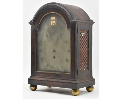 A late 18th century single fusee mantel clock. The mahogany clock case with steel engraved dial having Roman numeral chapter 
