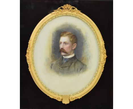 Dickinson &amp; Foster - a late 19th century Victorian 1877 cased portrait painting on porcelain. The portrait of a gentleman