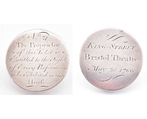 Bristol Old Vic Theatre - An 18th century George III silver token for Bristol Theatre, King Street. The token engraved to rea