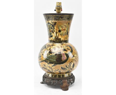 An early 20th century Hungarian Zsolnay Pecs vase converted into a lamp base. The vase with flared neck over bulbous body wit