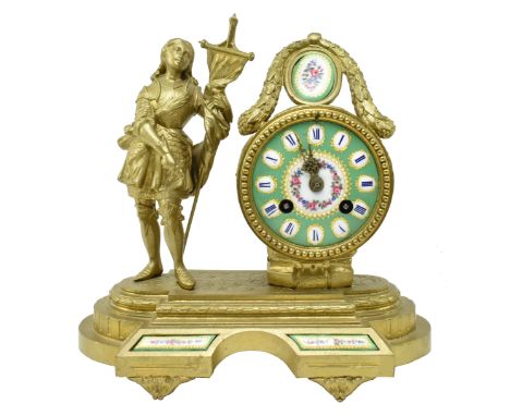 Japy Freres - A French 19th century gilt metal &amp; enamel 8-day movement mantle clock. The clock having a figure of Joan of