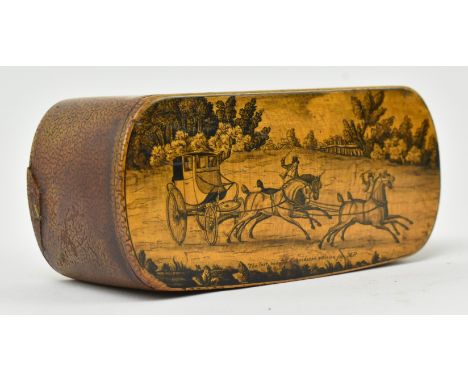 An early 19th century Scottish mauchline ware micromosaic snuff box. The snuff with engraving to lid of coach led by horses, 