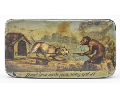 An early 19th century pictorial papier mache snuff box printed with a scene of a dog in a kennel being taunted by a monkey. C