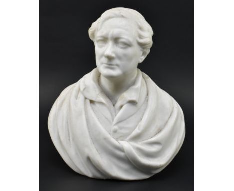 A 19th century hand carved white marble bust of Lord Byron. The bust depicted frontal with cloak. Unsigned.Measures approx. 2