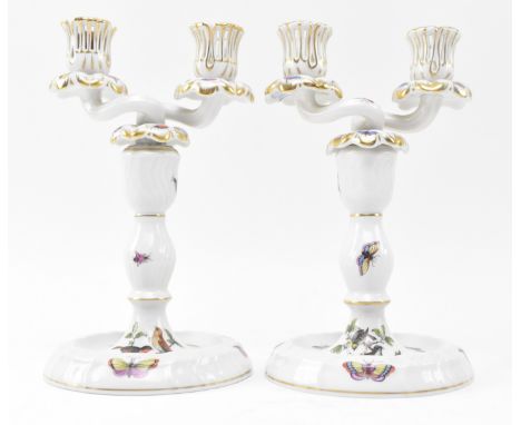 Herend, Hungary. A pair of hand painted fine bone china porcelain ' Rothschild Bird ' pattern twin arm table candelabras. Eac