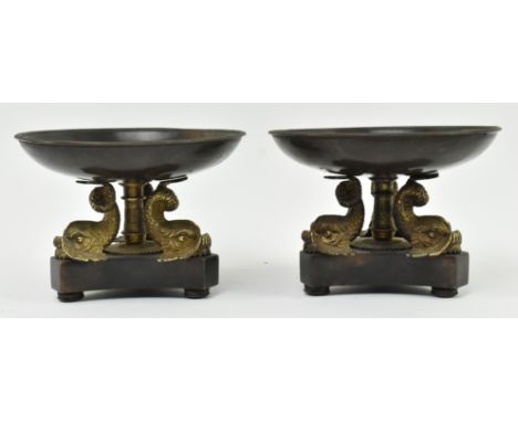 A pair of Victorian 19th century Grand Tour inspired cast bronze &amp; gilt painted centrepieces. Each  raised footed bowl ha