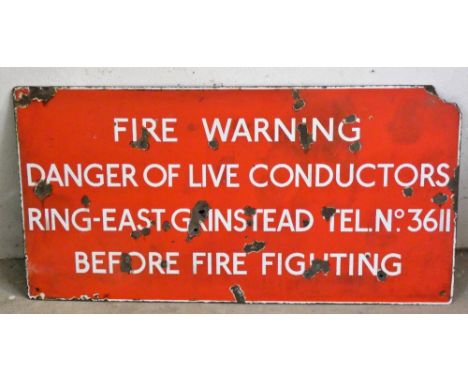 A Fire Warning East Grinstead vitreous enamel sign, 50 x 98 cm.