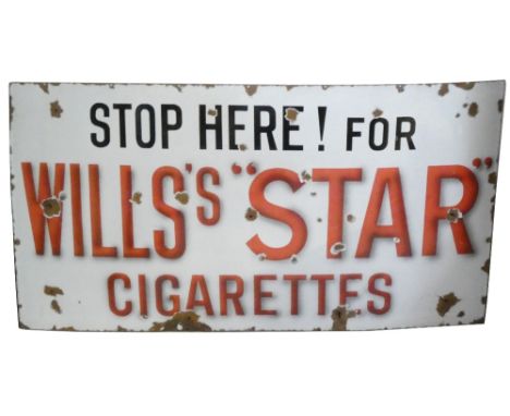 An advertising Stop Here for Wills Star cigarettes, a fore court vitreous enamel sign, 77 x 147 cm.