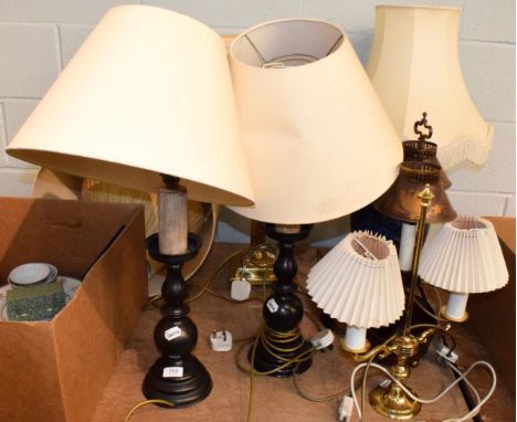 A pair of modern burnished metal baluster table lamps, two reproduction Regency style twin light table lamps, a pottery table