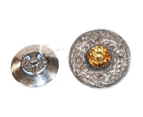 A George V Scottish Silver Cairngorm kilt sash brooch, by Chisholm and Mackay, Edinburgh 1910; and another brooch (pin lackin