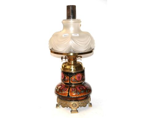 Zsolney Pecs oil lamp complete with brass font, burner, chimney and student shade