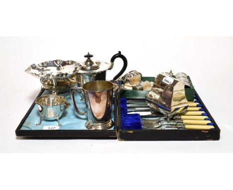 Silver caddy, six silver napkin rings and a quantity of plated wares including a cased set of fish eaters etc 
