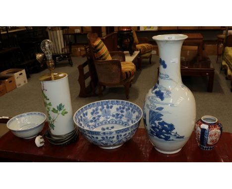 A 19th century Chinese blue and white vase (a.f.) a Chinese porcelain sleeve vase mounted as a lamp, two modern Chinese bowls