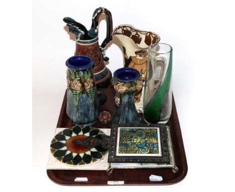 20th century ceramics and glass including a German ewer, Doulton style vases, a Royal Doulton Falstaff jug, tiles, a Millefio