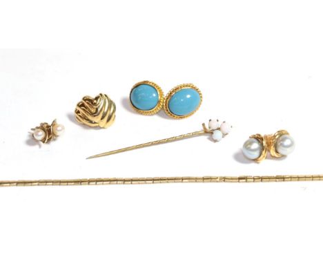 A pair of turquoise earrings, indistinctly marked; three further pairs of earrings; a stick pin; and a length of chain (a.f.)