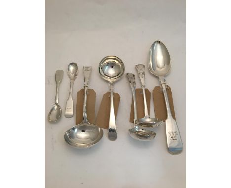 A collection of George III and later silver flatware, comprising: a pair of Victorian Fiddle pattern mustard-spoons, by Retti